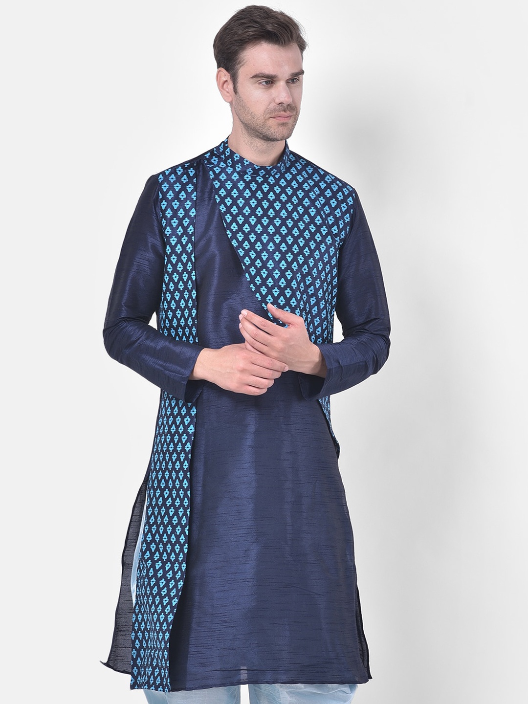 

DEYANN Men Navy Blue & Sea Green Printed Kurta
