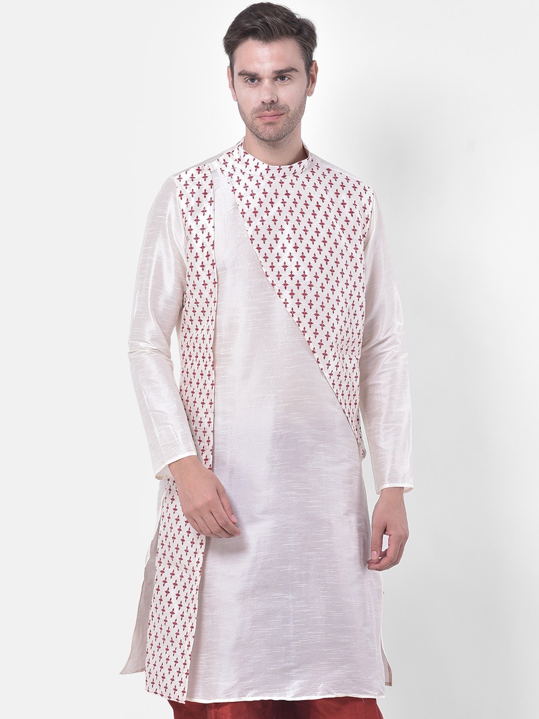 

DEYANN Men Off White & Red Geometric Kurta