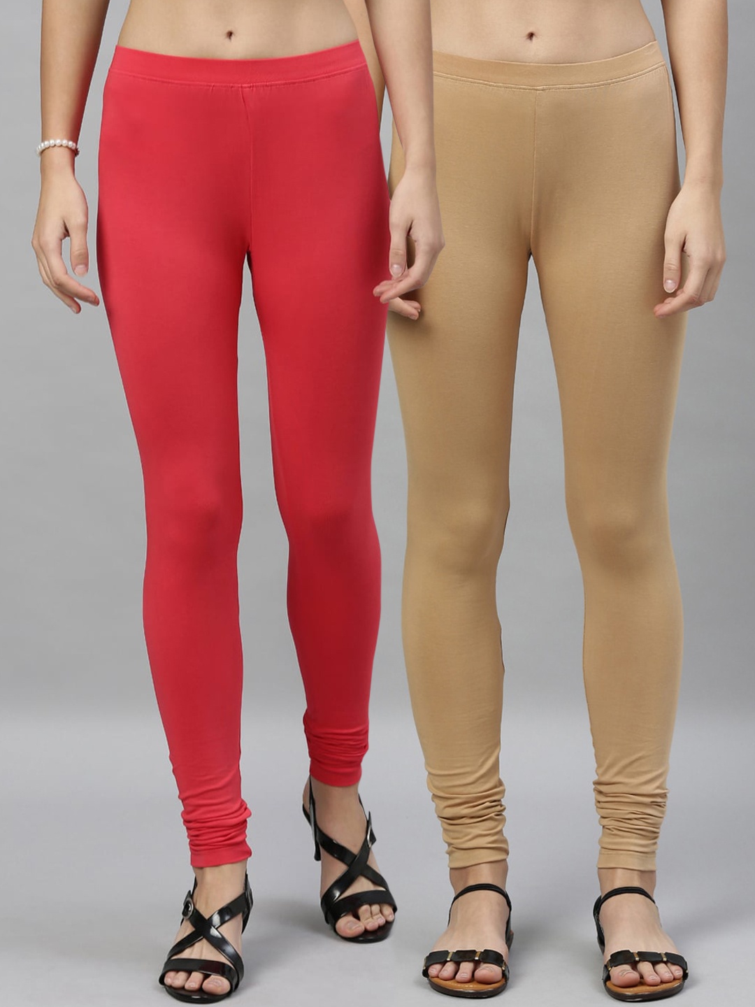 

Kryptic Women Pack of 2 Solid Churidar-Length Leggings, Coral