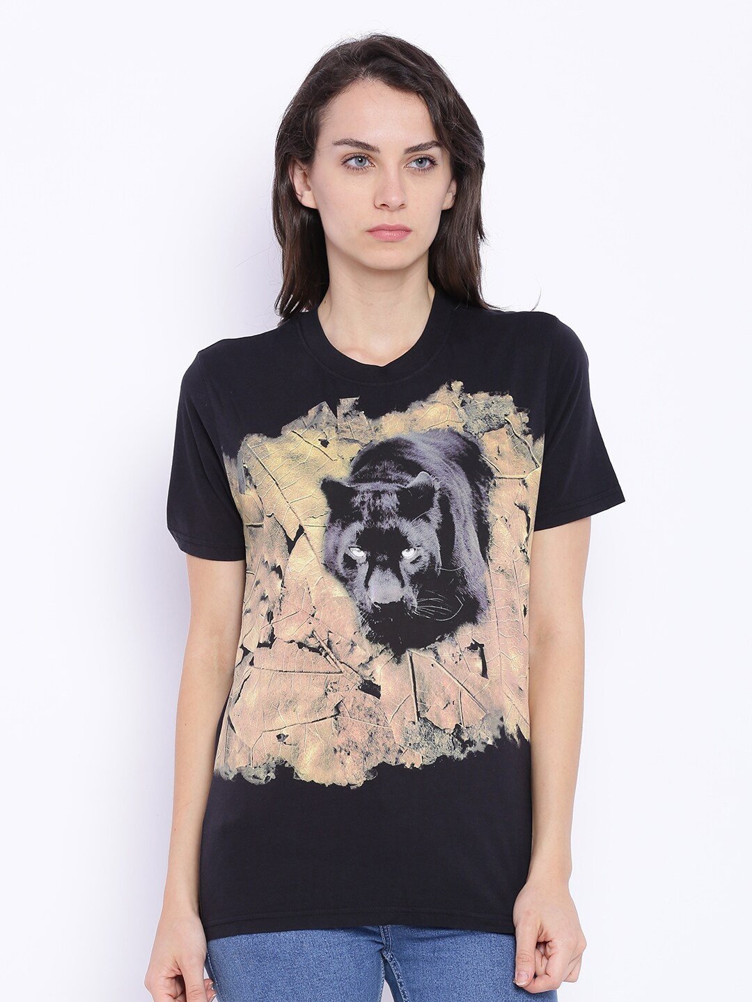 

Wolfpack Women Black Black Panther Printed Round Neck Pure Cotton T-shirt