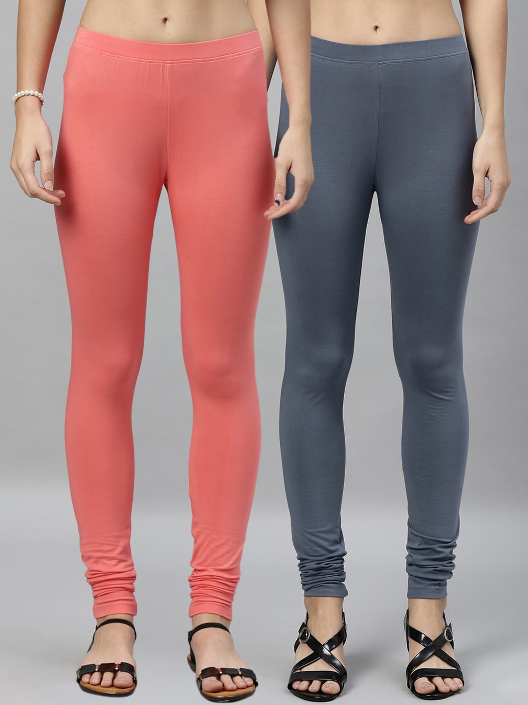 

Kryptic Women Pack of 2 Solid Churidar-Length Leggings, Peach