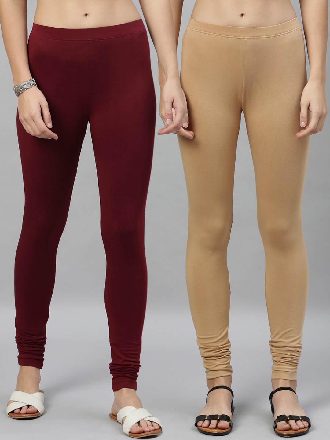 

Kryptic Women Pack of 2 Solid Churidar-Length Leggings, Beige