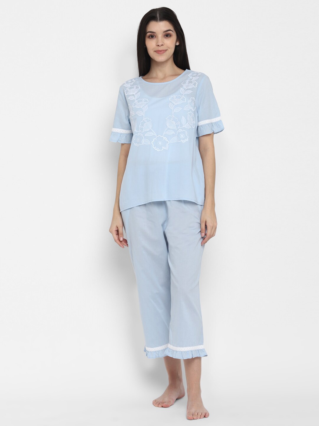 

BLANC9 Women Blue & White Solid Night Suit