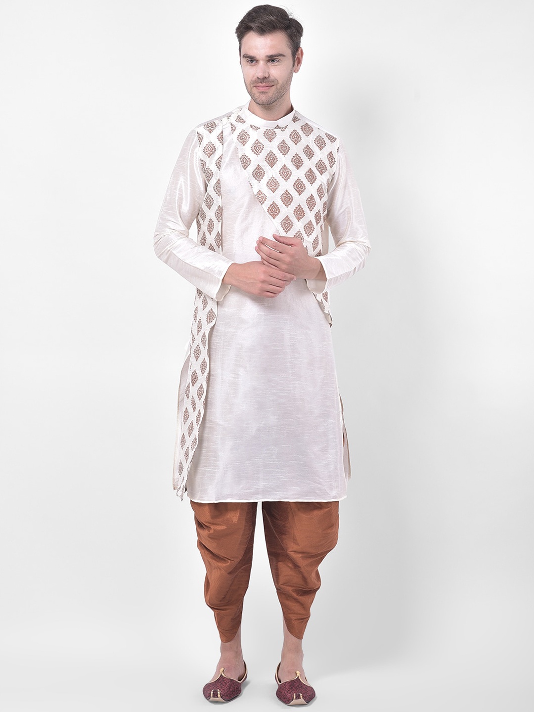 DEYANN Men Off White & Brown Printed Regular Straight Dupion Silk Kurta & Patiala