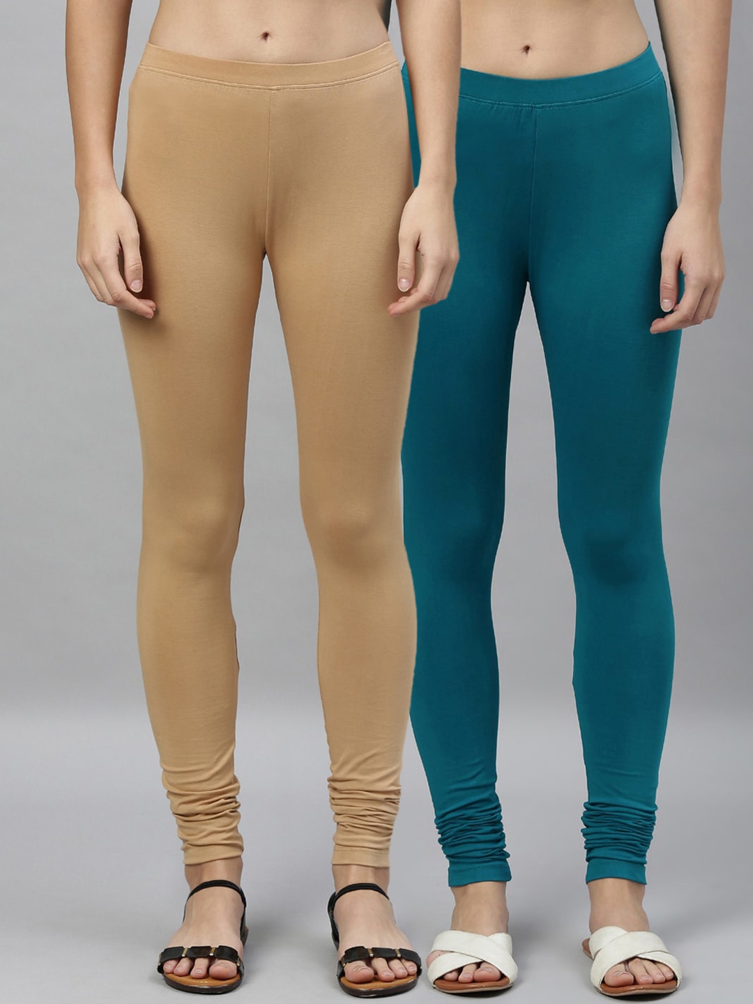 

Kryptic Women Pack of 2 Solid Churidar-Length Leggings, Beige