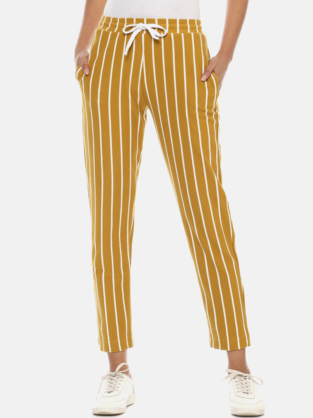 

Campus Sutra Women Mustard Yellow & White Striped Cotton Slim-Fit Track Pants