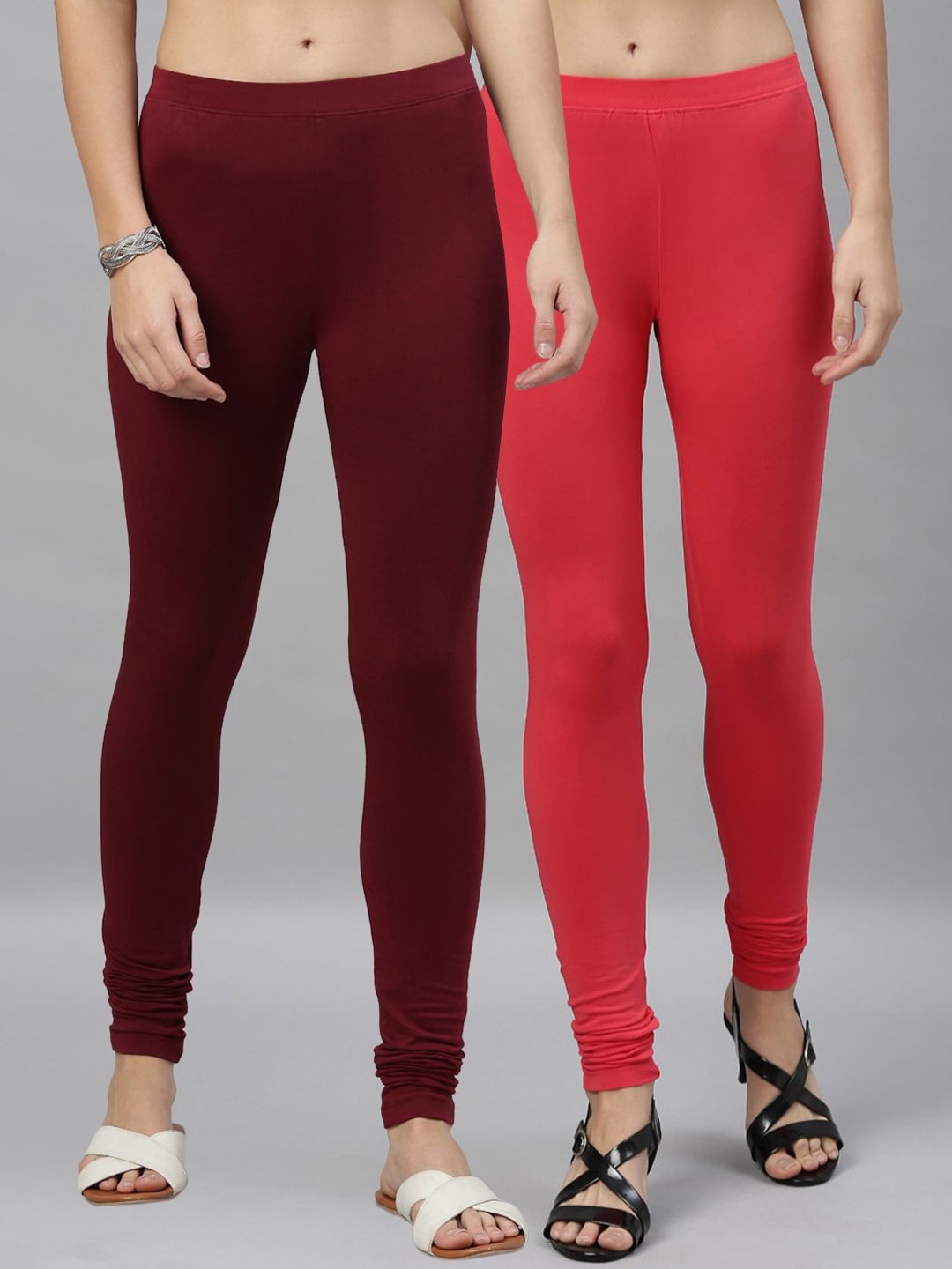 

Kryptic Women Pack of 2 Solid Churidar-Length Leggings, Coral