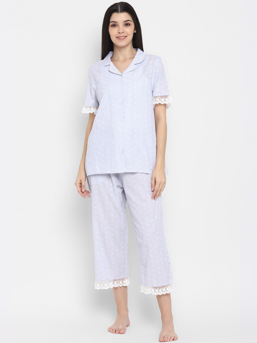 

BLANC9 Women Blue & White Printed Night suit