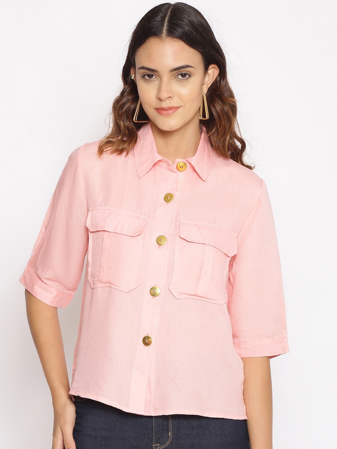 

Oxolloxo Women Pink Regular Fit Solid Casual Shirt