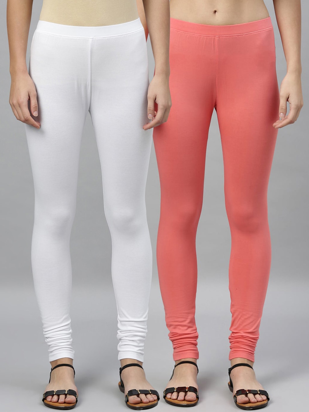 

Kryptic Women Pack of 2 Solid Churidar-Length Leggings, Peach