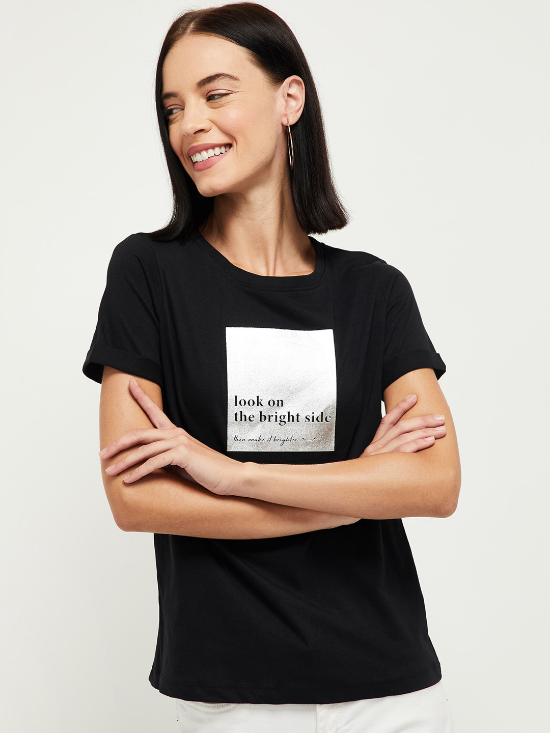 

max Women Black & silver Printed Round Neck T-shirt