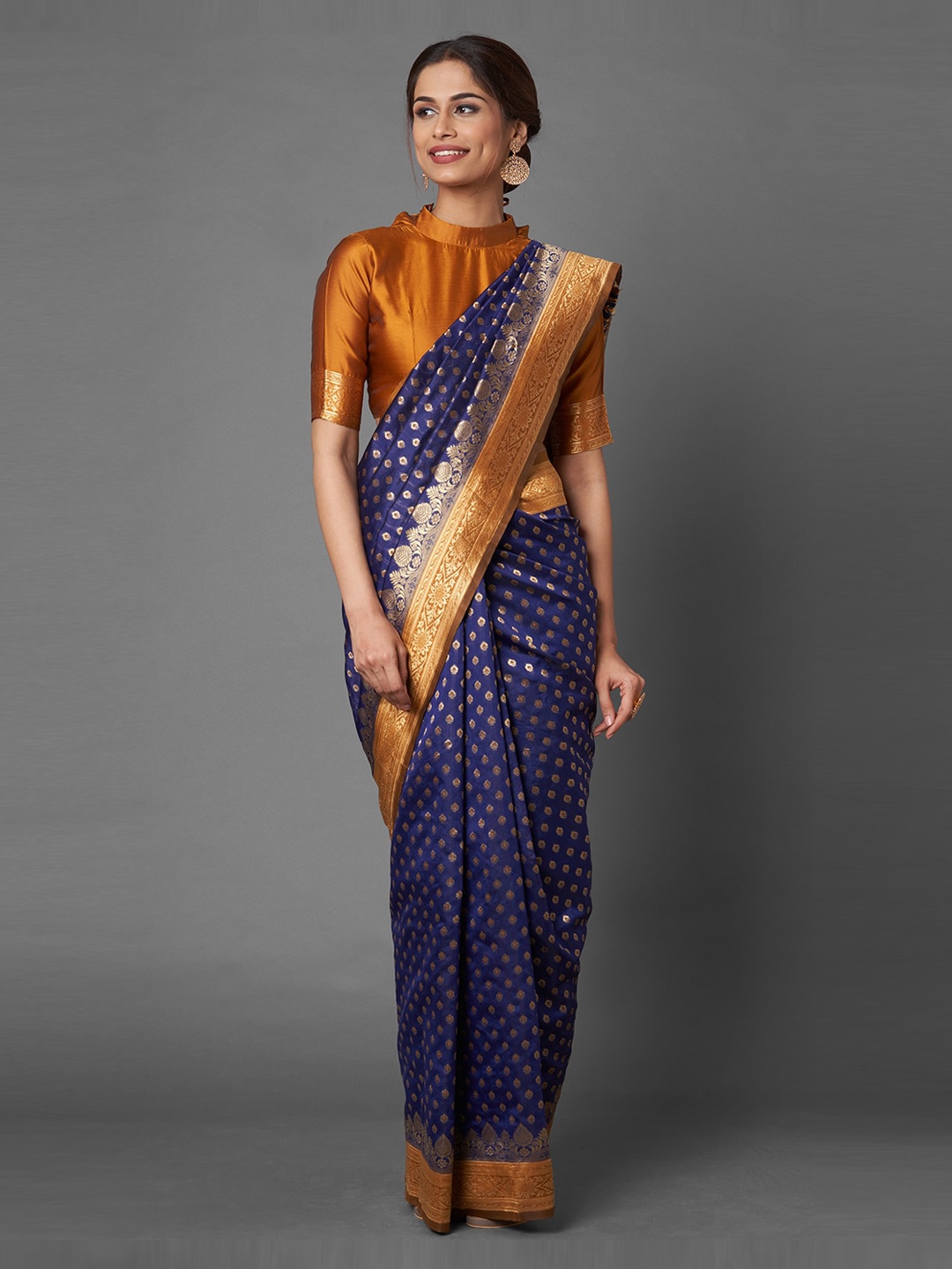 

Mitera Navy Blue Zari Silk Blend Banarasi Saree