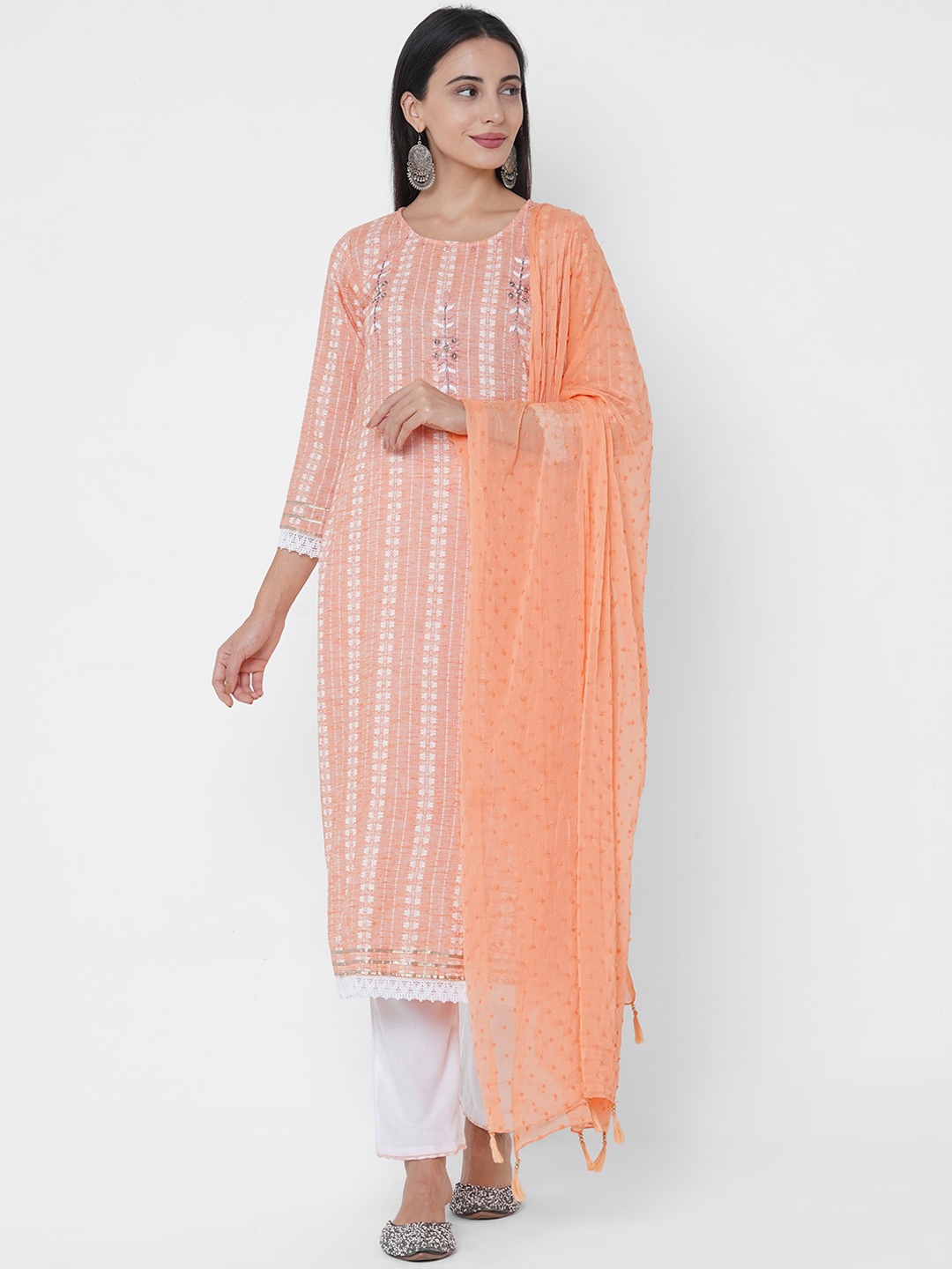 

FASHOR Women Peach Striped Layered Thread Work Linen Kurta with Trousers & With Dupatta