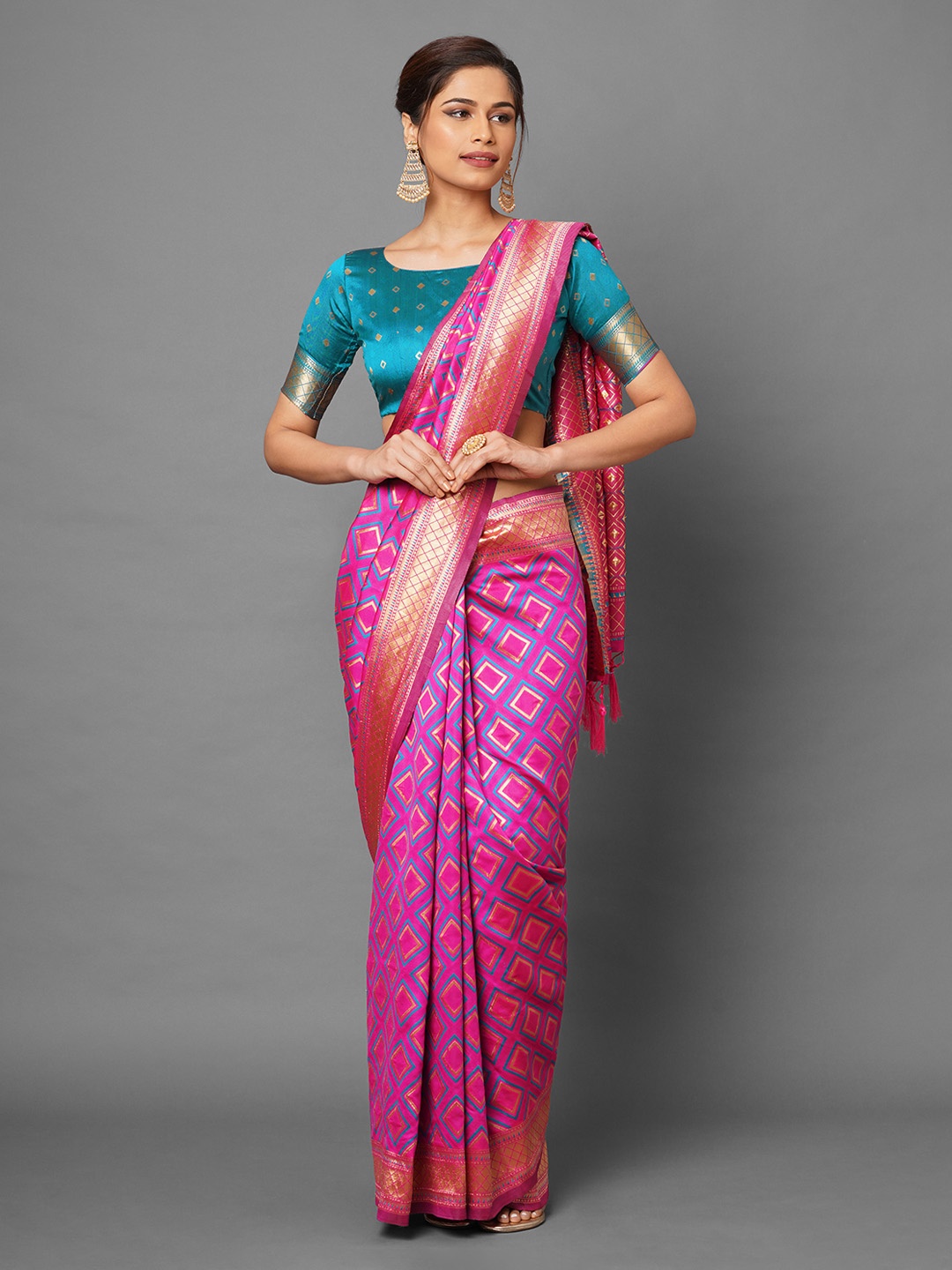 Mitera Pink & Blue Zari Silk Blend Banarasi Saree