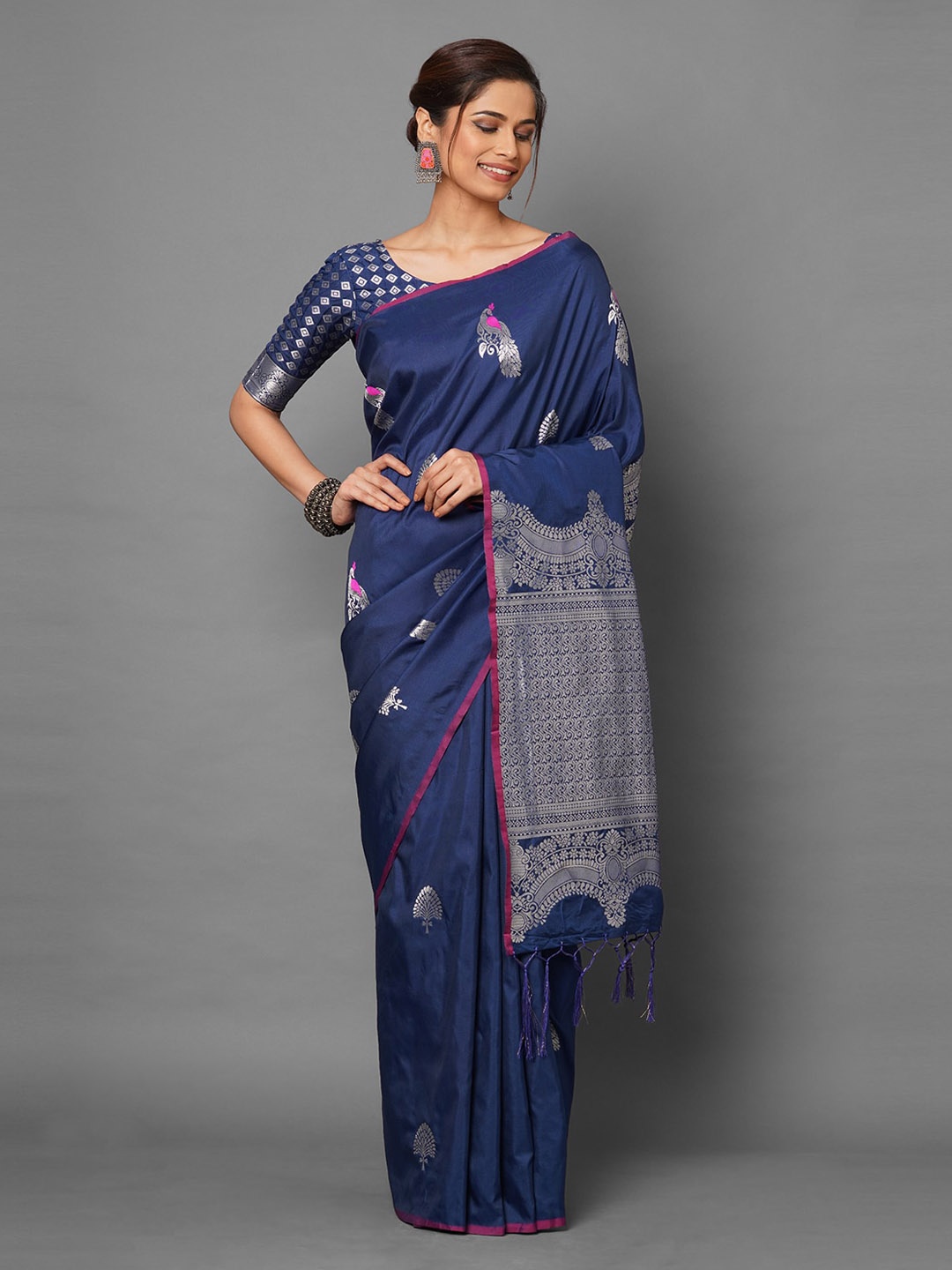 

Mitera Blue Ethnic Motifs Zari Silk Blend Banarasi Saree