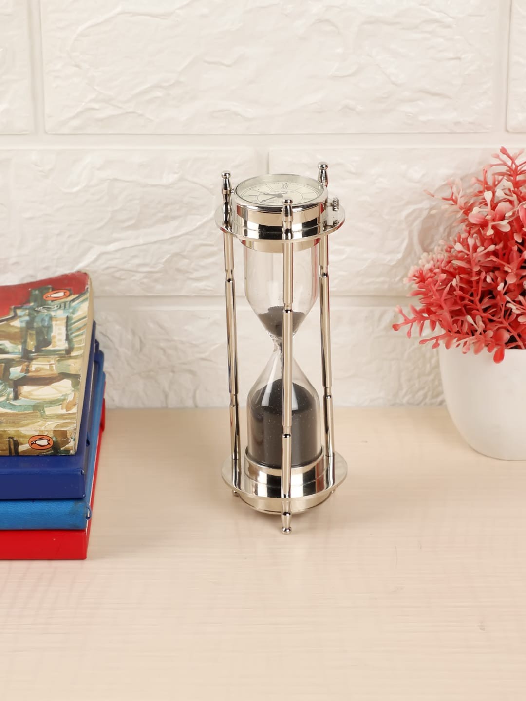 

EXIM DECOR Silver-Toned Sand Timer With Watch & Compass