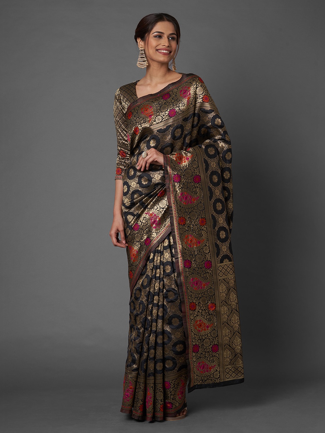 Mitera Black Ethnic Motifs Zari Silk Blend Banarasi Saree