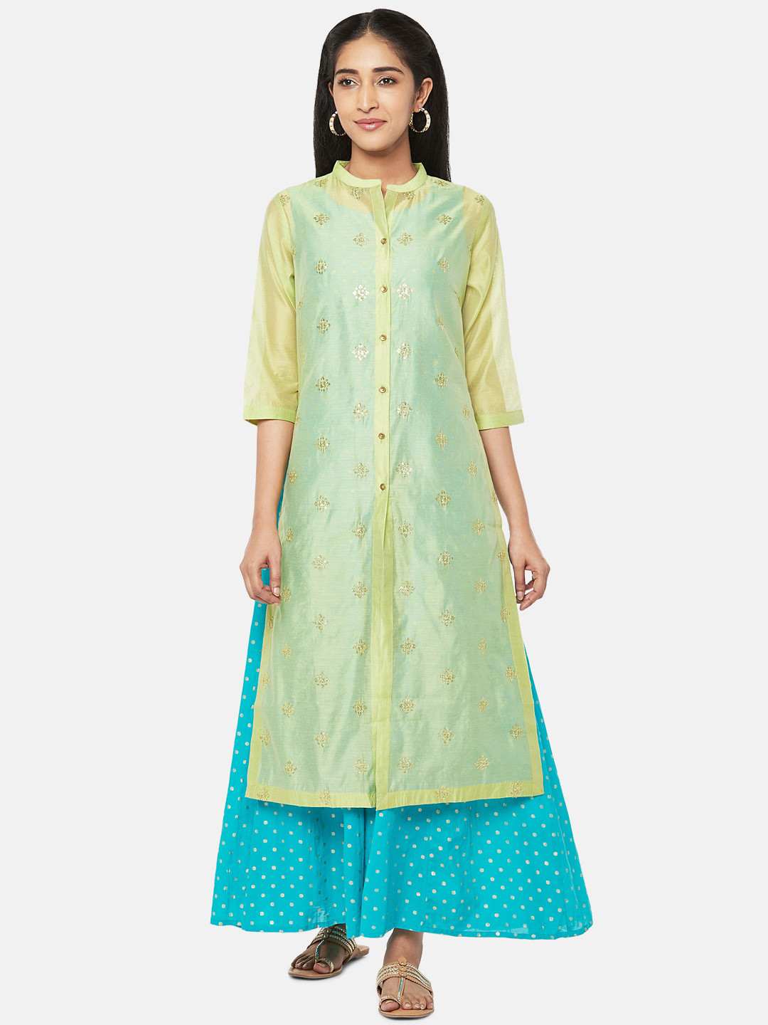 

RANGMANCH BY PANTALOONS Lime Green Ethnic Motifs Embroidered Ethnic Maxi Dress