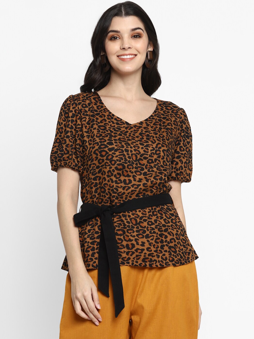 

DEEBACO Brown Animal Cinched Waist Top