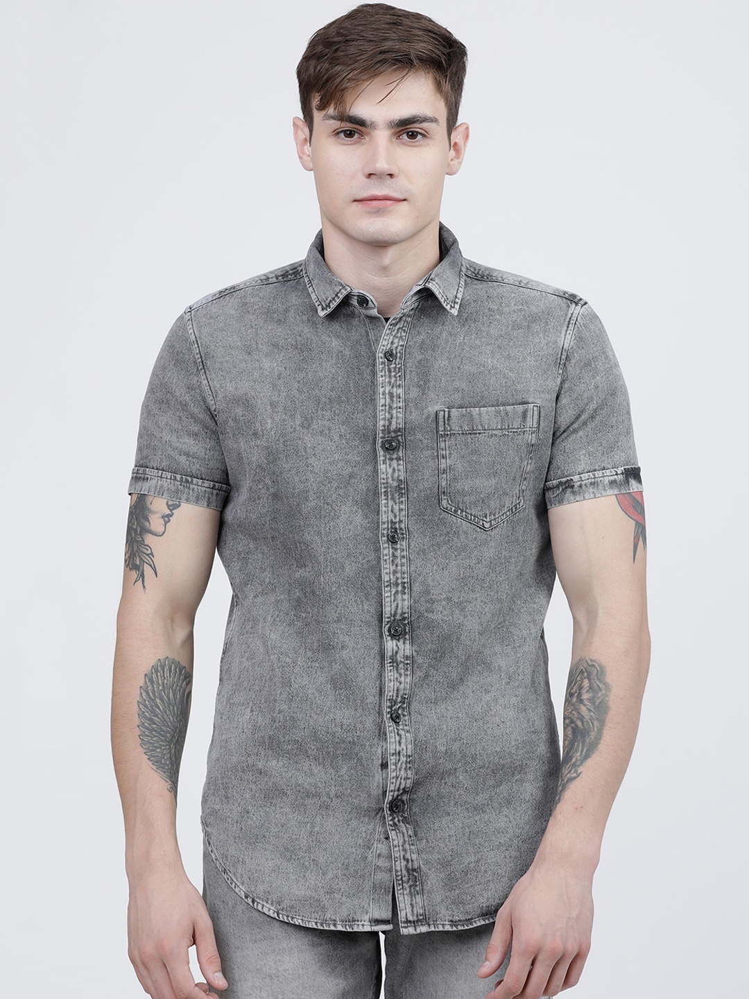 

LOCOMOTIVE Men Grey Slim Fit Faded Casual Shirt