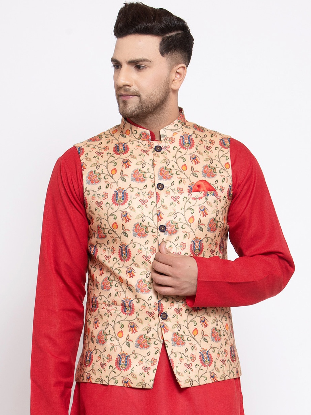 

MAXENCE Men Beige & Red Printed Woven Cotton Slim-Fit Nehru Jacket