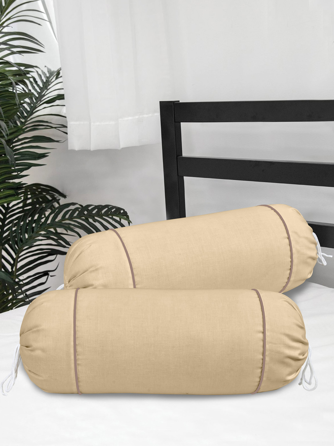 

Clasiko Set Of 2 Beige Solid 300 TC Cotton Bolster Covers