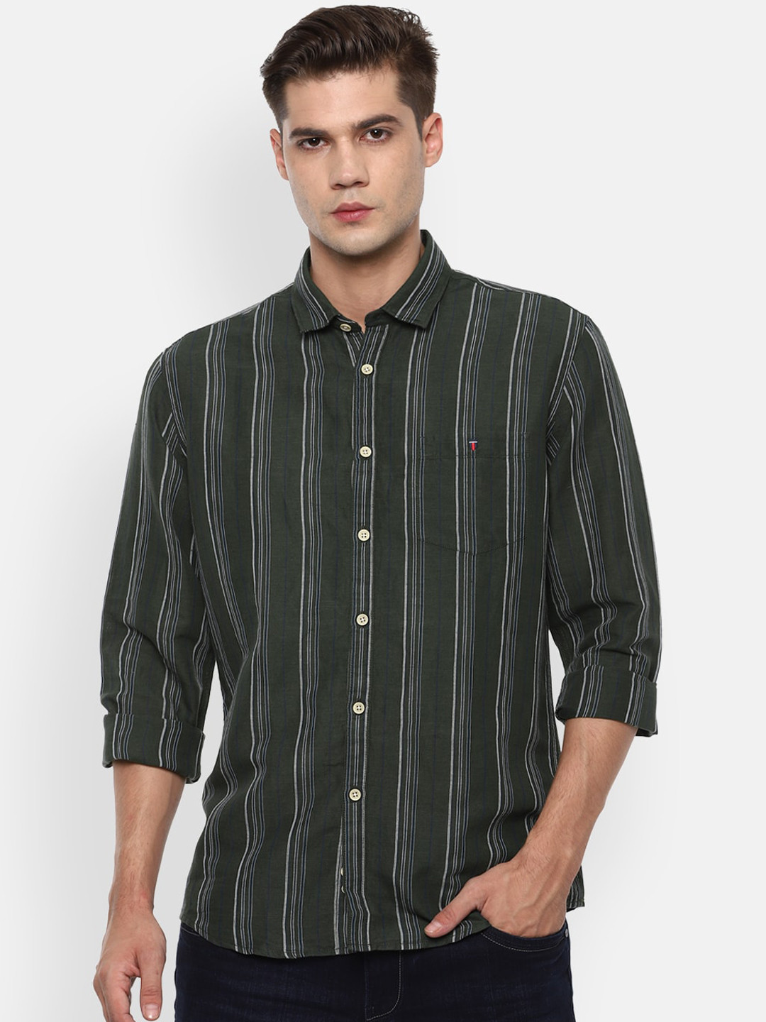 

Louis Philippe Jeans Men Green Regular Fit Striped Casual Shirt