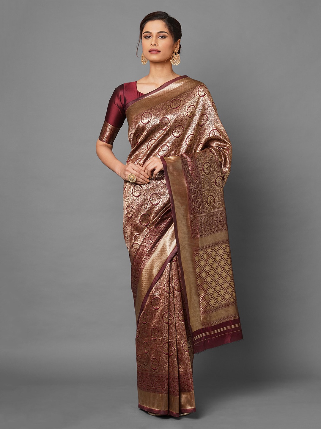 

Mitera Maroon Floral Zari Silk Blend Banarasi Saree