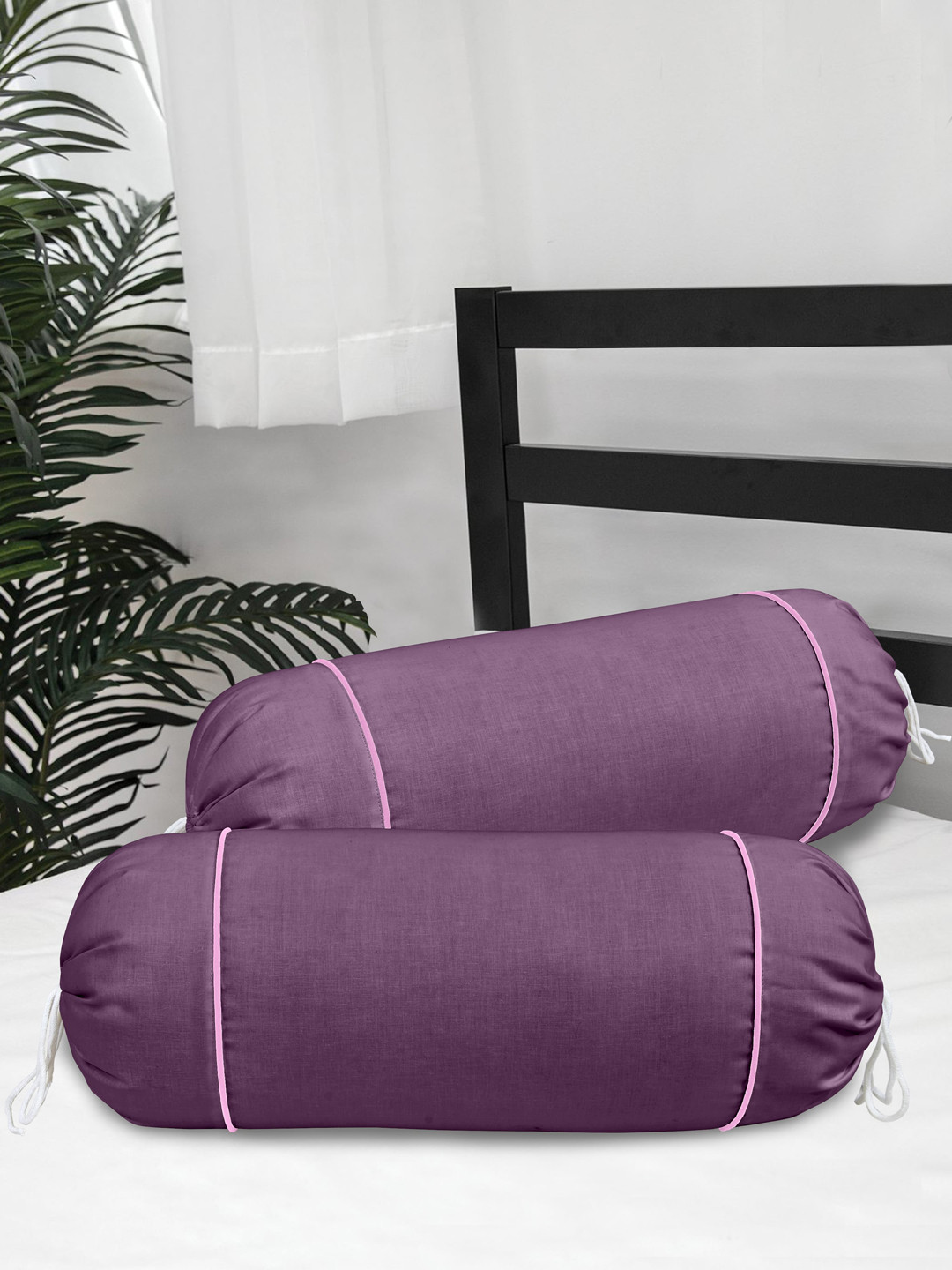 

Clasiko Set Of 2 Purple & Pink Solid 300 TC Cotton Bolster Covers