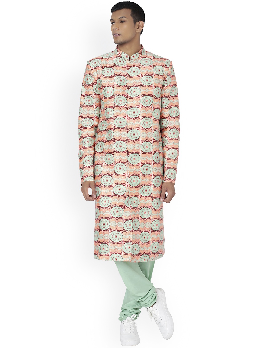 

PS MEN BY PAYAL SINGHAL Men Mint-Green & Coral-Coloured Printed Sherwani With Churidar