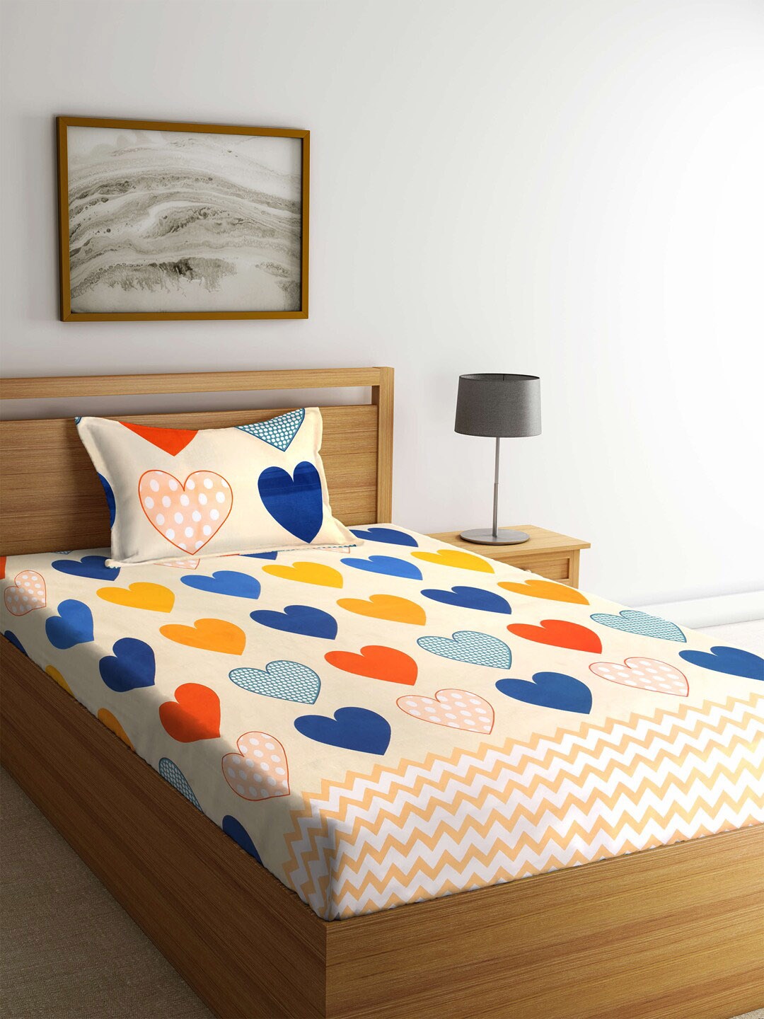 

KLOTTHE Cream-Coloured & Blue Graphic 210 TC Polycotton 1 Single Bedsheet with 1 Pillow Covers