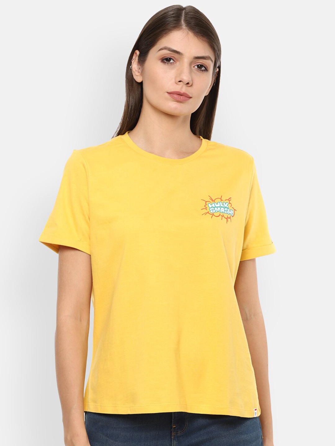 

Van Heusen Woman Women Yellow Printed Cotton Pure Cotton T-shirt
