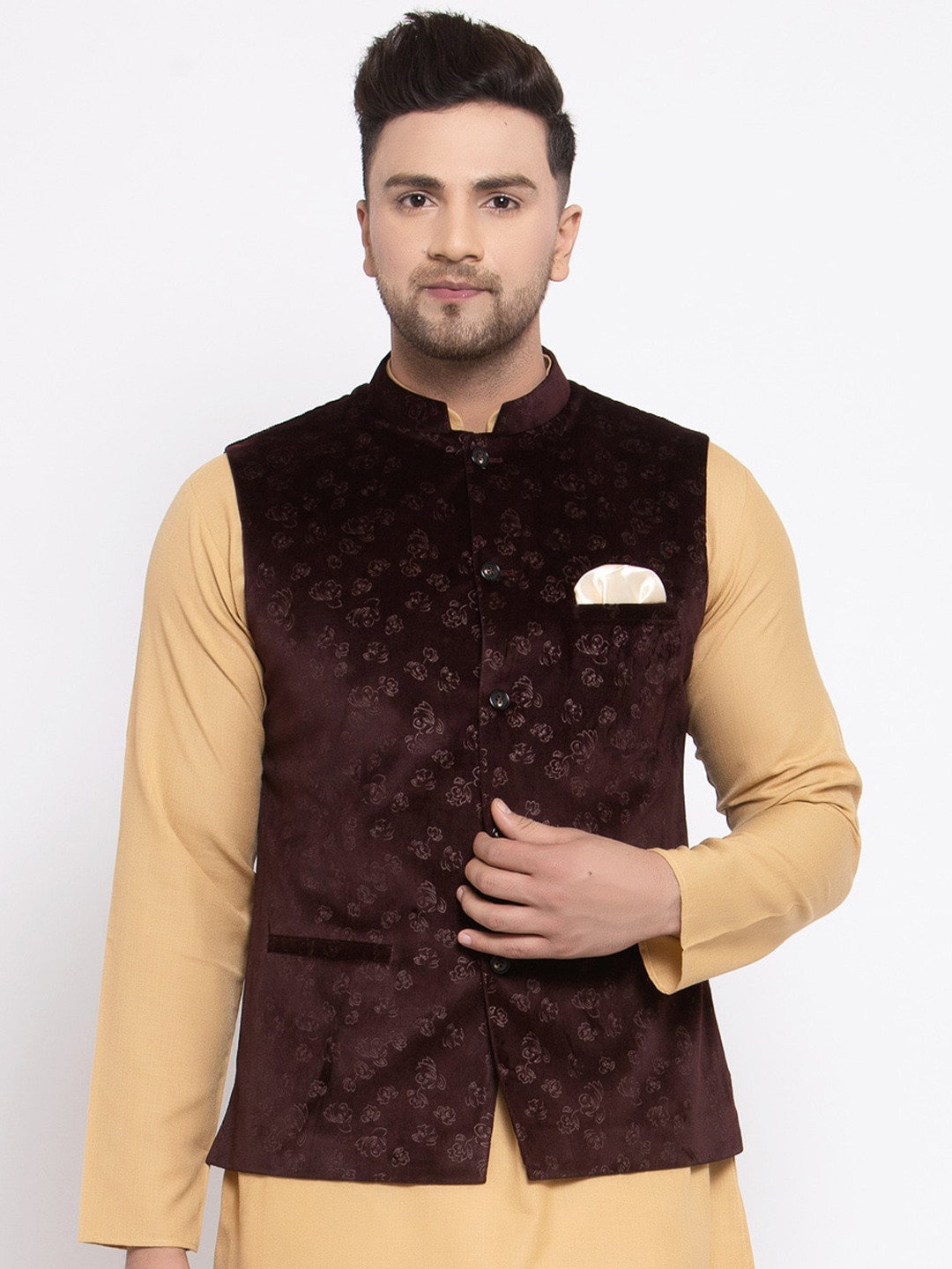 

MAXENCE Men Brown Woven-Design Cotton Slim-Fit Nehru Jacket