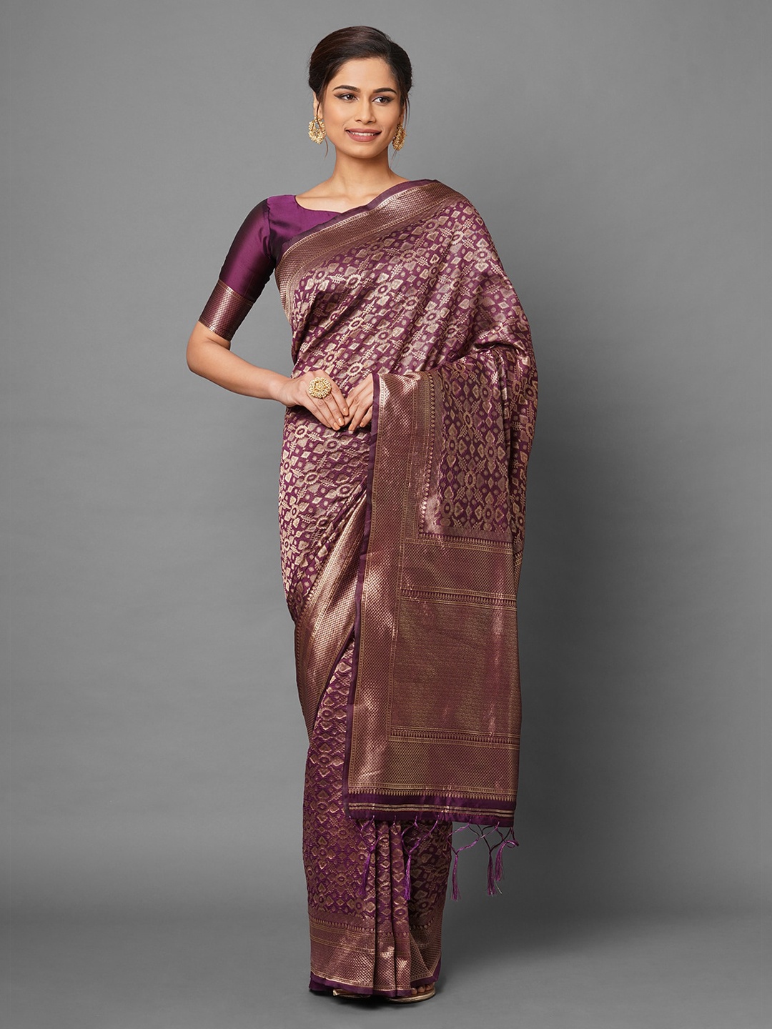 

Mitera Violet Ethnic Motifs Zari Silk Blend Banarasi Saree