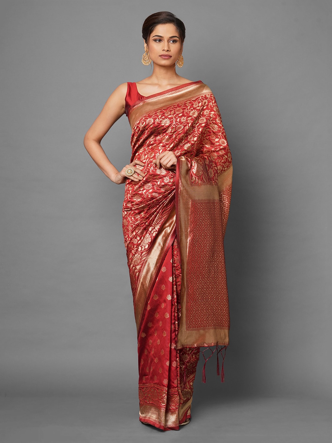 

Mitera Maroon & Gold-Toned Woven Design Zari Silk Blend Banarasi Saree