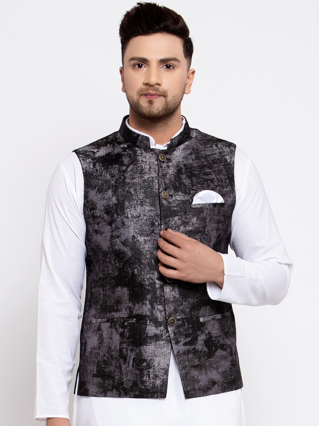 

MAXENCE Men Grey & Black Woven-Design Cotton Slim-Fit Nehru Jacket
