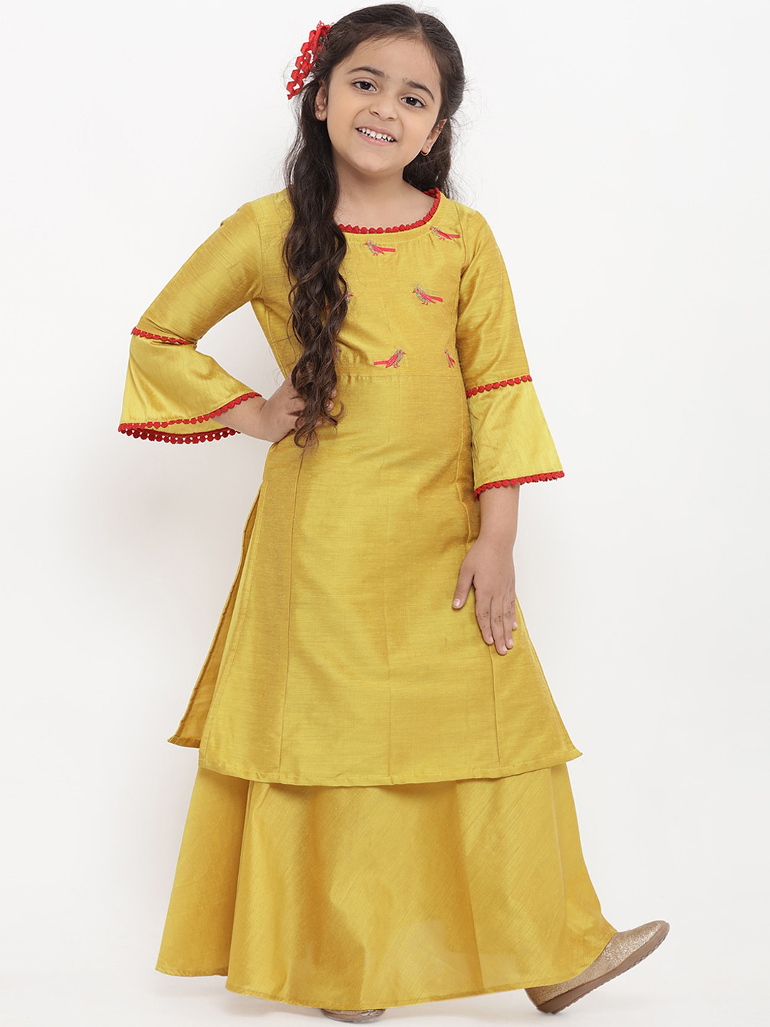 

Bitiya by Bhama Girls Yellow Embroidered Pure Cotton Kurta with Skirt