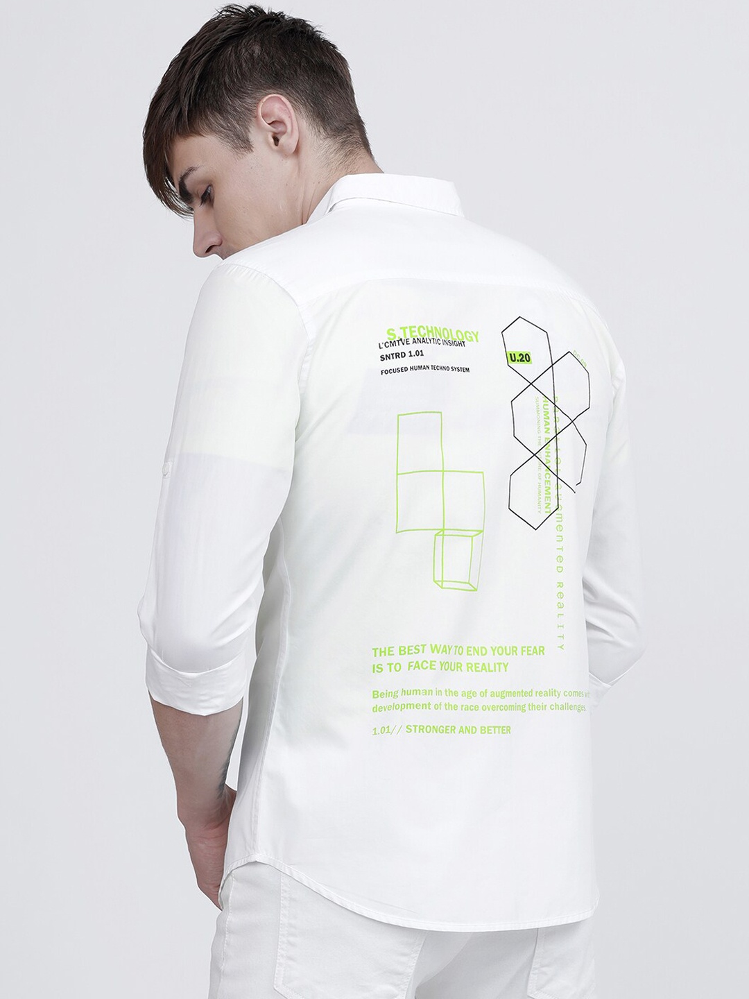 

LOCOMOTIVE Men White & Lime Green Slim Fit Printed Casual Shirt