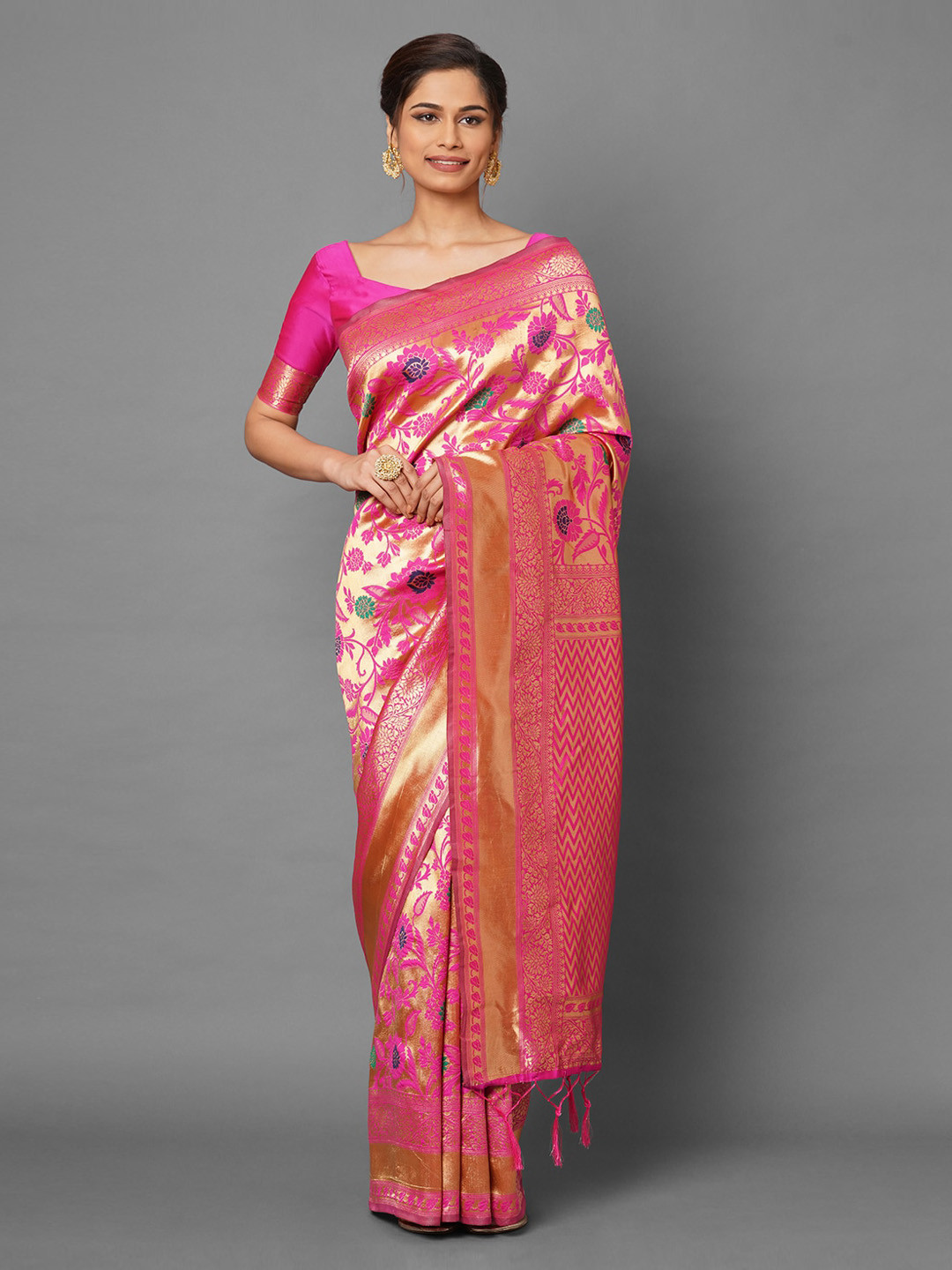 

Mitera Pink Ethnic Motifs Zari Silk Blend Banarasi Saree