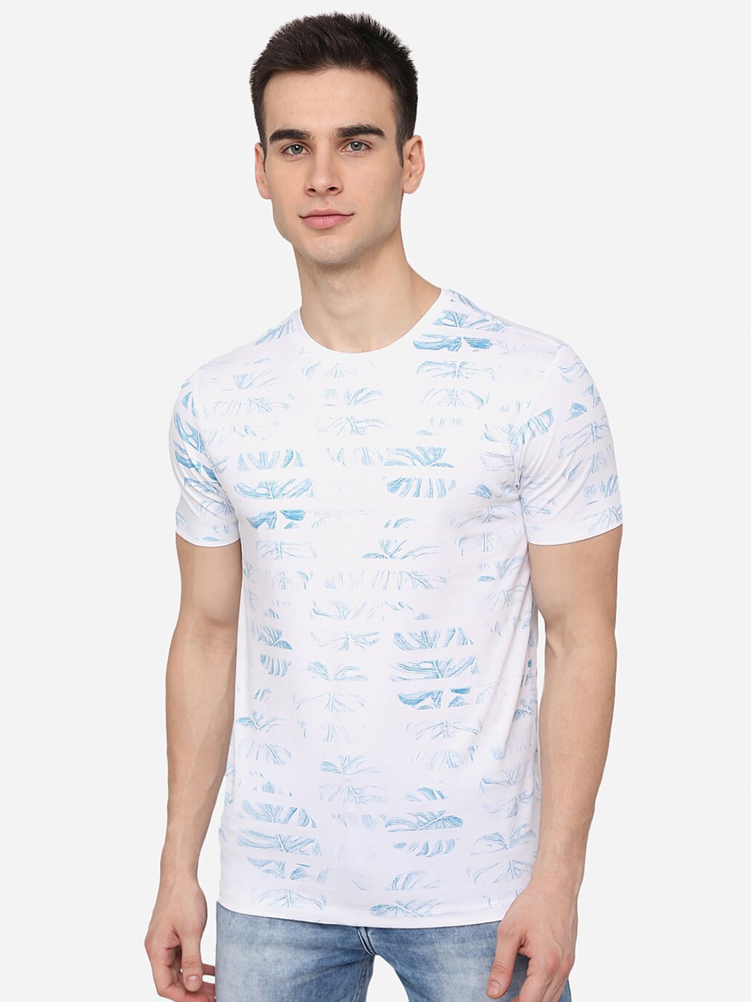

JADE BLUE Men White & Blue Printed Tropical Raw Edge Pure Cotton Slim Fit T-shirt