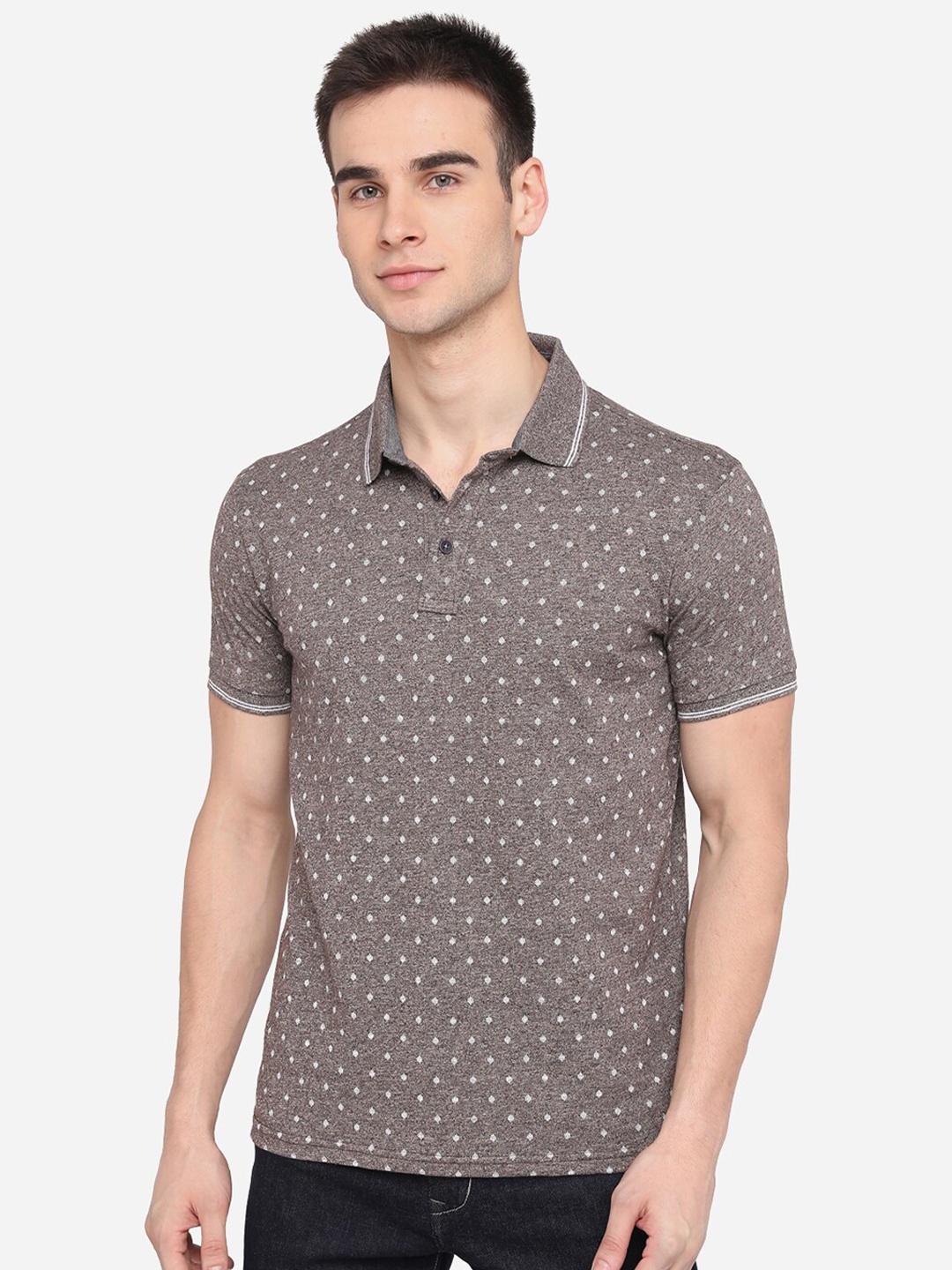 

JADE BLUE Men Brown Printed Polo Collar Slim Fit T-shirt