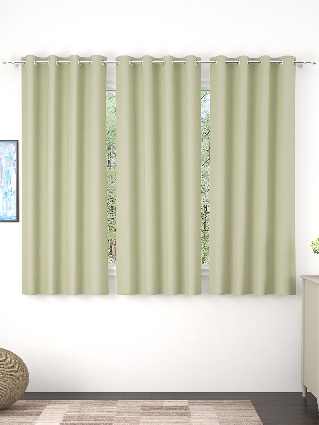 

Story@Home Faux Silk Solid Solid 300GSM Beige Room Darkening Blackout Window Curtain - Set Of 3