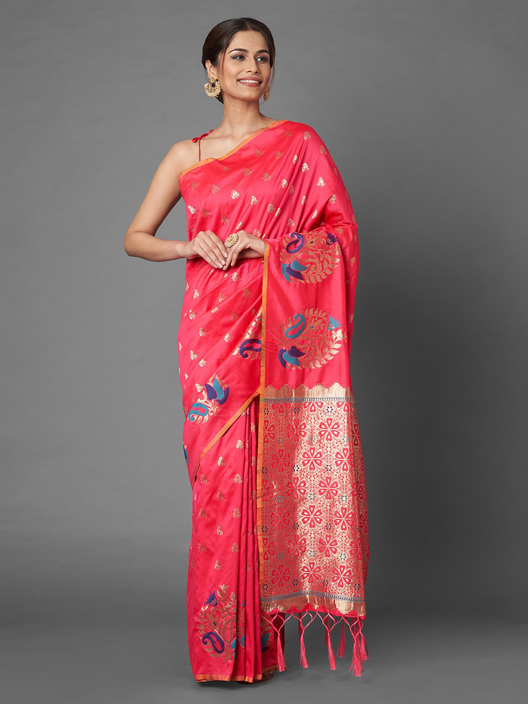 

Mitera Pink & Blue Ethnic Motifs Zari Silk Blend Banarasi Saree
