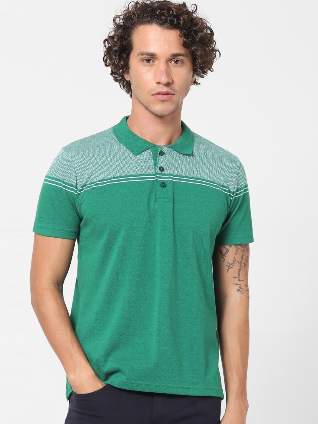 Celio Men Green & White Colourblocked Polo Collar T-shirt