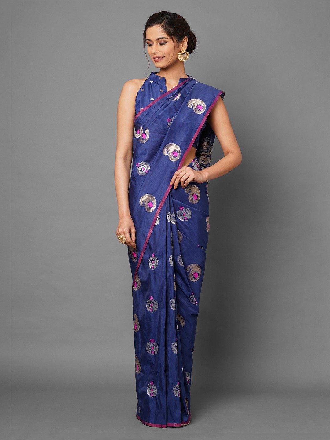 

Mitera Navy Blue Silk Blend Banarasi Saree