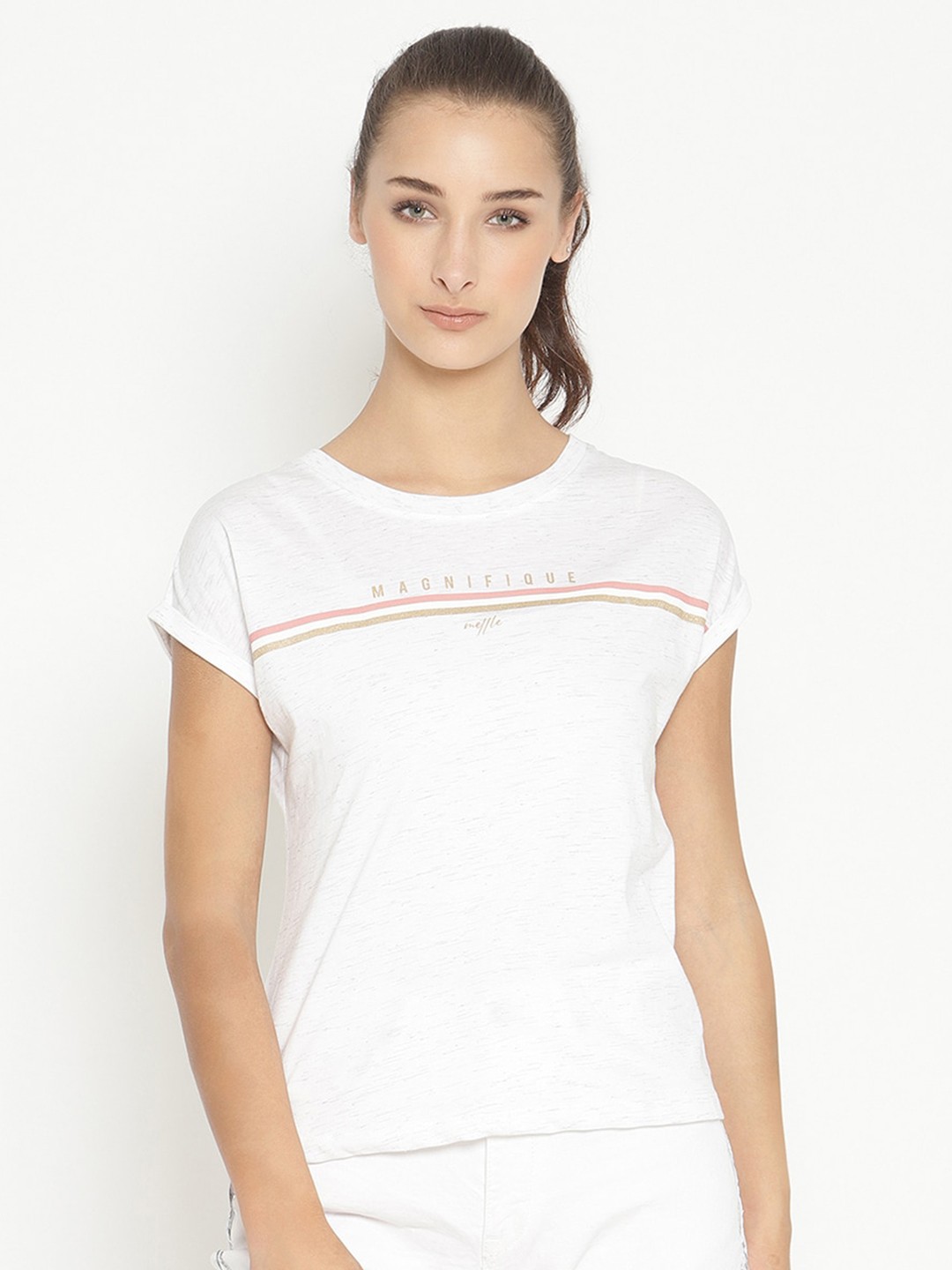 

METTLE Women White & Orange Typography Striped Extended Sleeves T-shirt