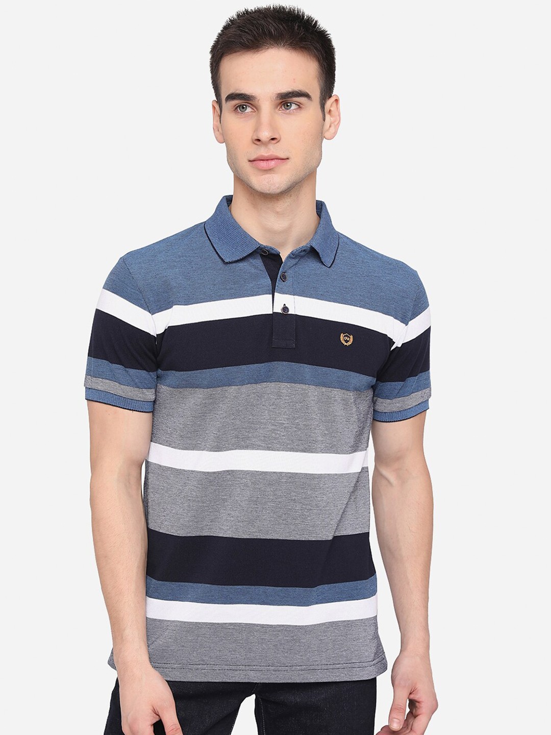 

JADE BLUE Men Grey & Blue Striped Polo Collar Slim Fit T-shirt