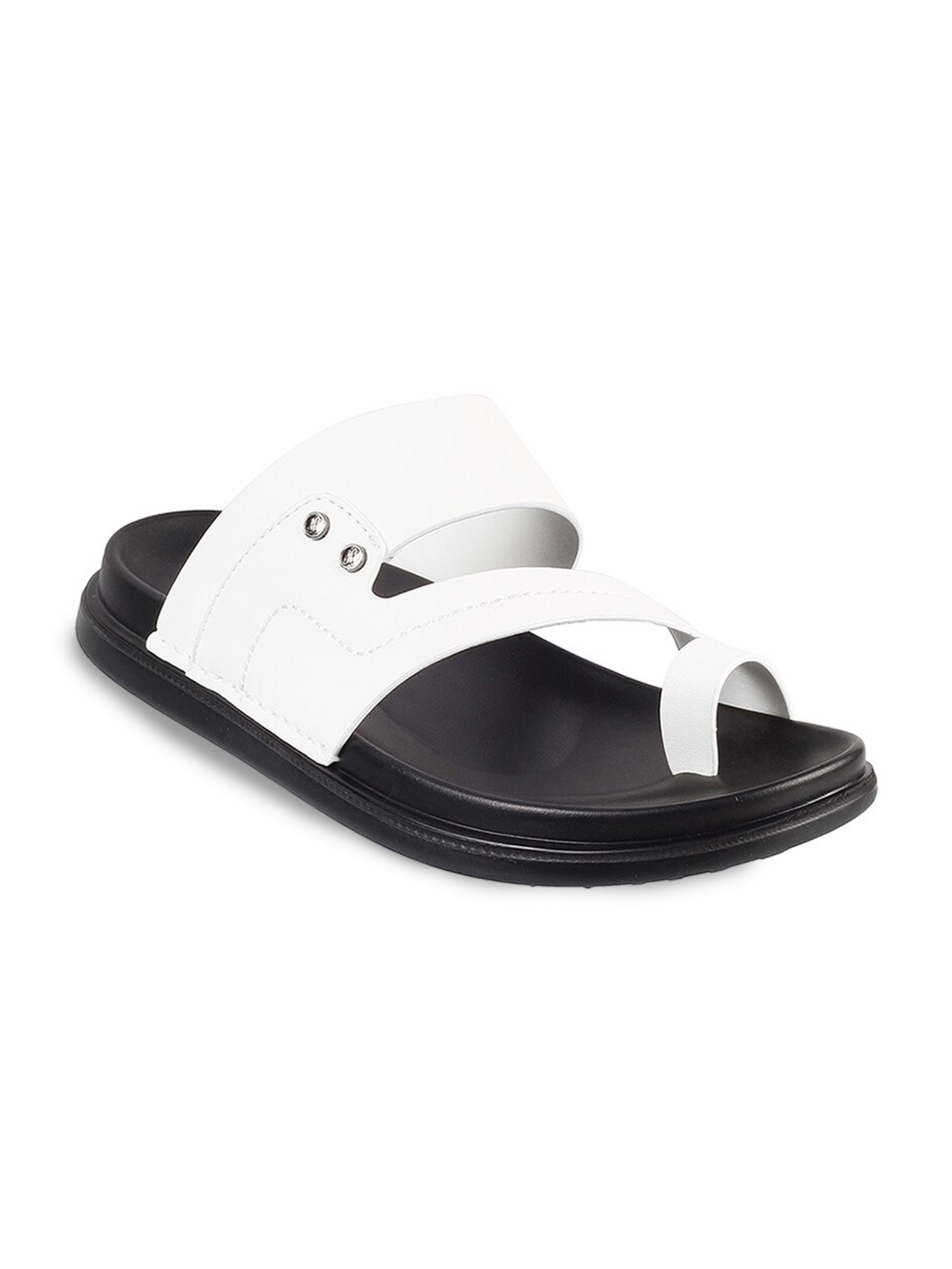 

J FONTINI Men White & Black Leather Comfort Sandals