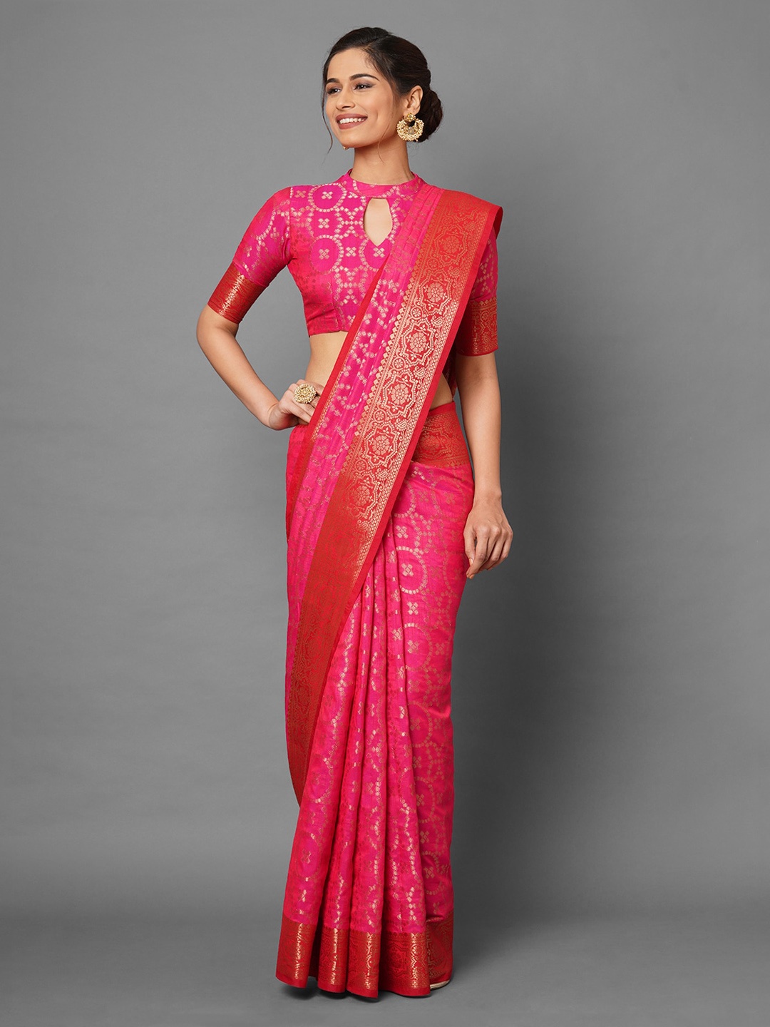 

Mitera Pink & Gold-Toned Woven Design Silk Blend Banarasi Saree