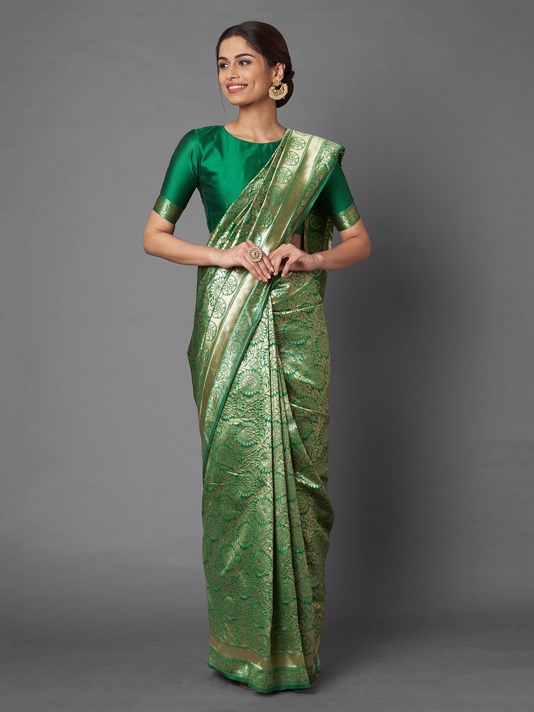 

Mitera Green Woven Design Silk Blend Banarasi Saree